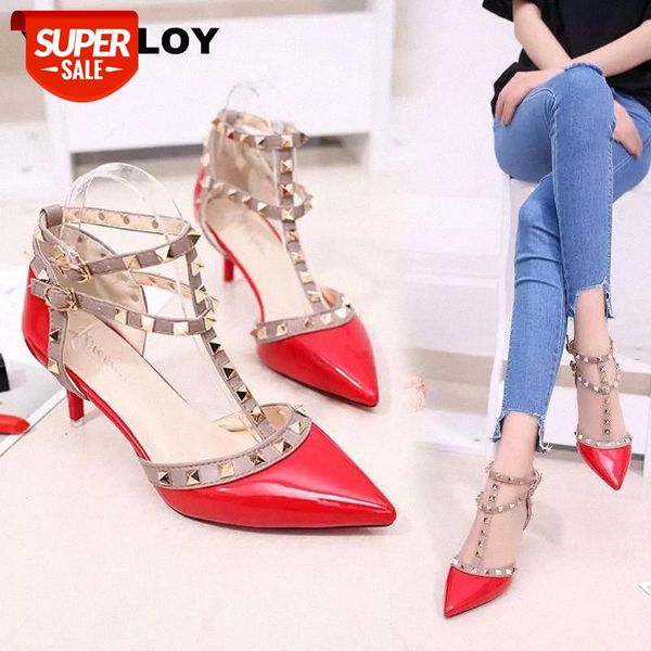 

pumps 2020 women's shoes summer fashion female sandals rivet metal decoration pu leather style women high heels zapatos de mujer #cj67