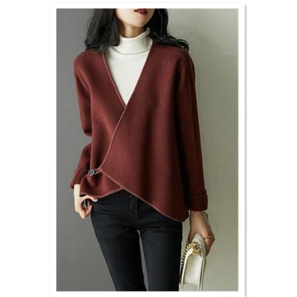 

women's wool & blends women jacket coat irregular v neck long sleeve elegant clothing casual female woolen, Black