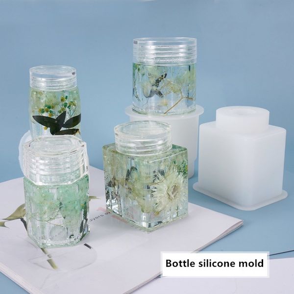 DIY Kristall Epoxidharz Quadratische Runde Form Flasche Lagerung Versiegeltes Glas mit Deckel Silikonform 210316