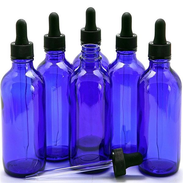 

storage bottles & jars 6, cobalt blue, 4 oz glass bottles, with eye droppers pipettes for essential oil argan oils lab chemicals dispensing