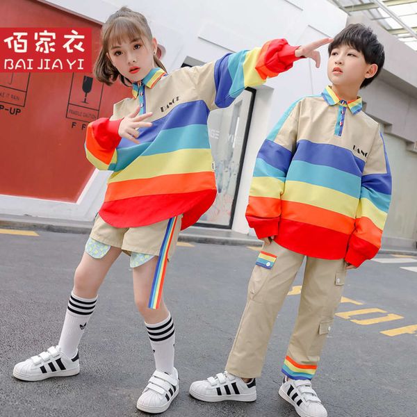 

primary spring summer new school boys and girls class children's 61 performance clothes hip hop suit, White