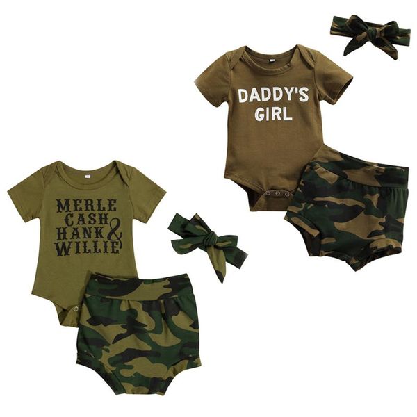 

clothing sets focusnorm born baby boys girls clothes 3pcs letter short sleeve romper camouflage shorts headband 0-18m, White