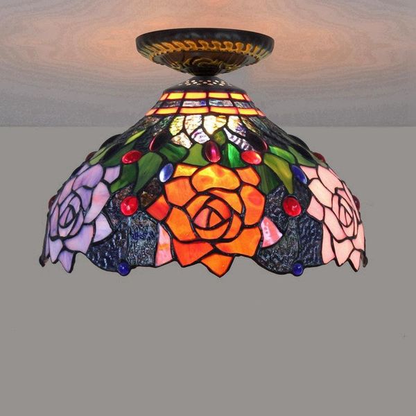 

ceiling lights 30cm european countryside rose tiffany multi-color glass dining room bedroom aisle corridor bathroom luminaire surface