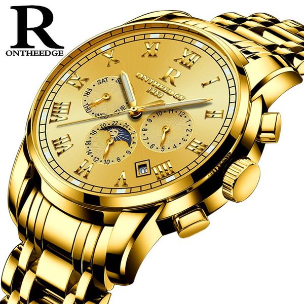 

wristwatches moonphase automatic mechanical watch pvd gold coating no fade color luminous hands dial easy to see time in night relojes hombr, Slivery;brown