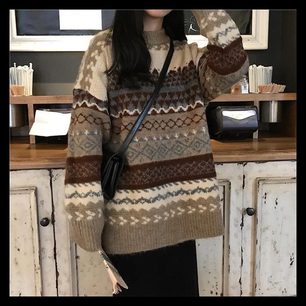 

women's sweaters vintage print sweater women o neck pullover long sleeve pull femme autumn winter harajuku loose warm outwear, White;black