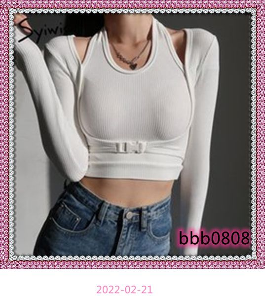 

women's t-shirt syiwidii 2 pieces set women kintted long sleeve crop t shirt halter woman tshirts black white elastic slim tee