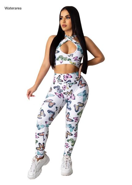 

women's tracksuits summer set colorful butterfly print open back crop & pencil pants suit tracksuit two piece female outfit, Gray