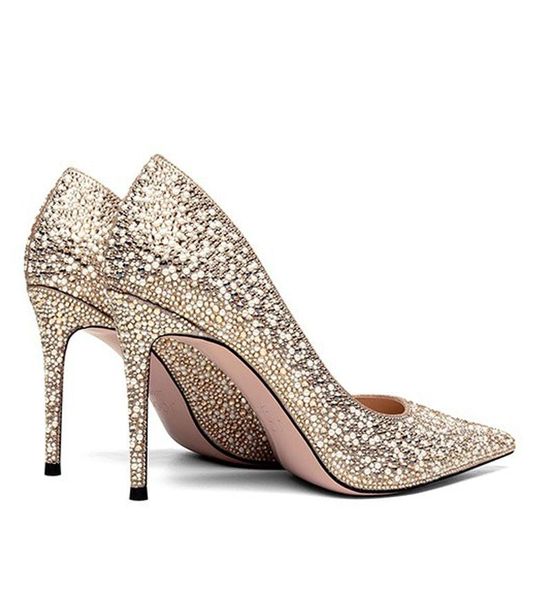 

dress shoes luxury full rhinestone pearl beads wedding pumps pointed toe evening heels thin high women slip on, Black