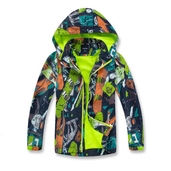 

4-12Y Autumn Print Street Sports zipper Boys Jacket Waterproof Windproof Breathable Warm Polar Fleece Hooded Jacket For Jacket, Green