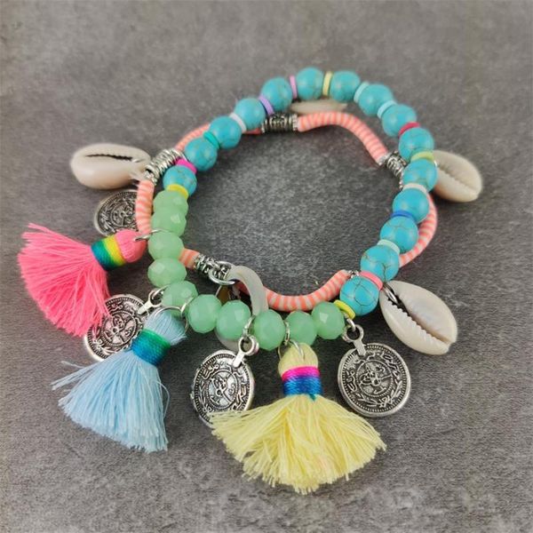 

charm bracelets fashion multilayer beads strand shell boho bracelet summer beach holiday jewelry crystal fimo stone mixed tassel women, Golden;silver