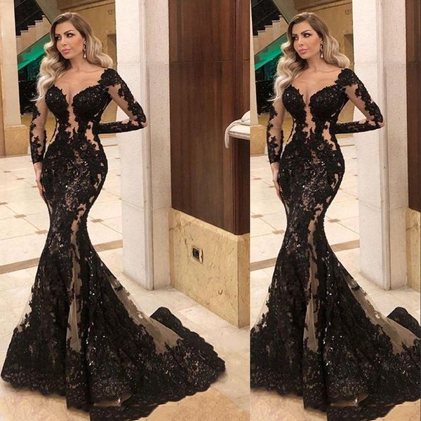 2021 Sexy Black Nude Mermaid Abiti da sera Indossano Illusion Maniche lunghe Pizzo Paillettes Appliqued Bling Sheer Occasioni speciali Abiti da ballo Sweep Train