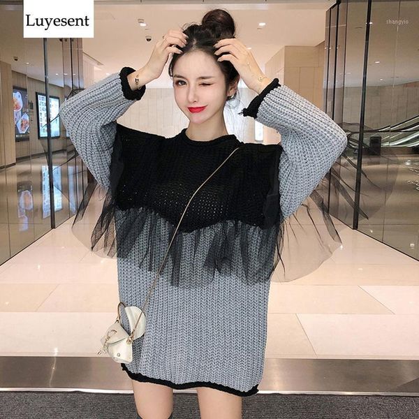 

mesh patchwork lady pullover long sweater 2019 woman black gray o neck loose fashion knit dress autumn warm new pull cozy jumper1, White;black