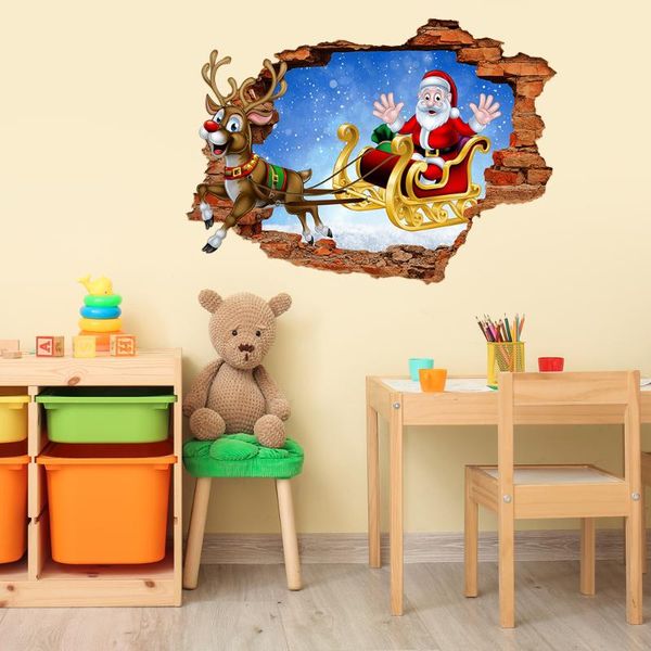 

wall stickers 3d brick pattern broken santa claus elk sticker for kids baby rooms nursery christmas decora peel & stick decals