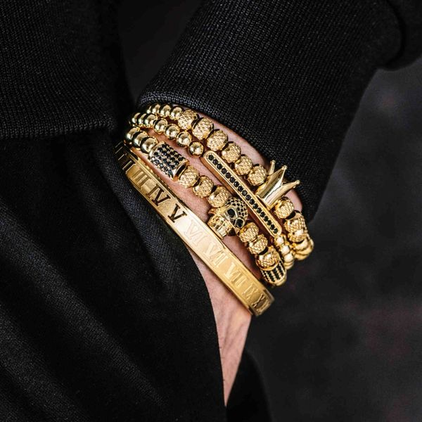

4pcs/set classical handmade braiding gold hip hop men pave cz zircon skull roman numeral bracelet luxury jewelry, Golden;silver