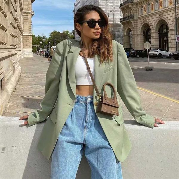 ZXQJ Vintage Mulheres Verde Slim Blazers Verão Moda Fashion Senhoras Notasco Collar Casual Casacos Streetwear Meninas Chic Top 211019