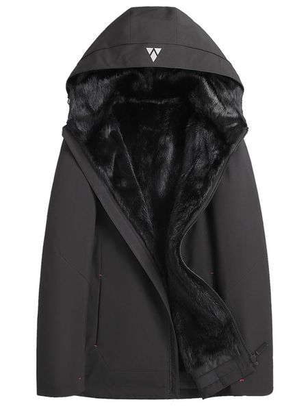 

men's leather & faux parka real fur overcoats mink liner nick garment short coat whole wool mens, Black