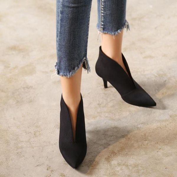 

sandals black red frosted leather ankle boots 2021 autumn winter women's high heels pointed toe fine v mouth women booties