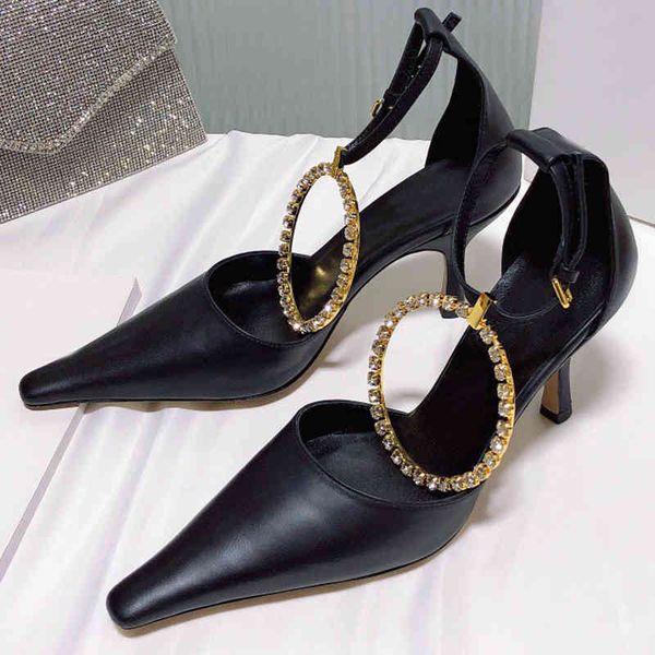 

70% off wholesale sandals flip-flops summer fashion thin heels woman ankle buckle rhinestone decor shoes real leather pointed toe party dres, Black