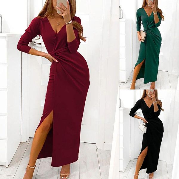 

casual dresses long sleeve dress autumn women's v-neck high waist lace slit elegant women party club evening green black red, Black;gray