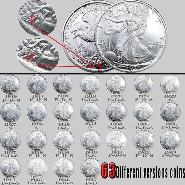 

liberty coins 63pcs usa walking bright silver copy coin full set art collectible