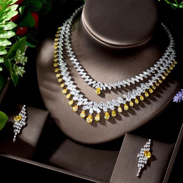 

earrings & necklace hibride trendy water drop statement jewelry set for women nigeria 2pcs wedding full cubic zircon dubai bridal n-1276, Silver