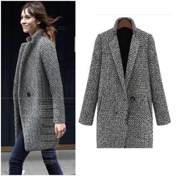 

women's trench coats promotions large size winter blended coat thickened plaid single-breasted lady slim warm woolen windbreaker df7724, Tan;black