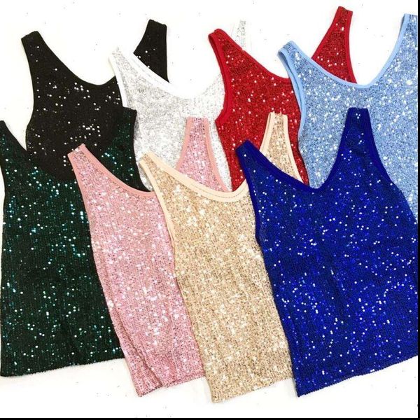 

shinning elasticity sequins camis crop girls 2021 spring summer fashion sleeveless tshirts tanks for women, White