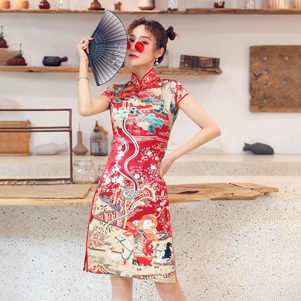 

ethnic clothing oriental women traditional chinese style retro slim cheongsam harajuku print party wedding dress cosplay qipao hanfu tang su, Red