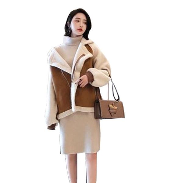 

women long sleeves turndown collar short motorcycle jacket stitching zip coat e56b, Black