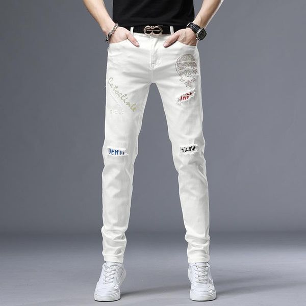 

men's jeans fashion clothing embroidery white pencil drilling slim stretch denim pants male casual cotton cowboys trousers, Blue