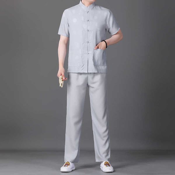 

men's suit two piece set thin cotton hemp tang shirt and trousers, Gray