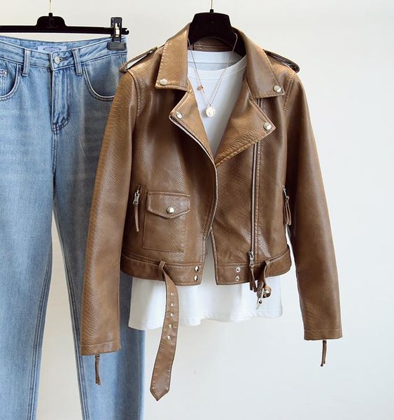 

women's leather & faux zcwxm spring autumn women jacket with belt slim biker moto khaki coat streetwear female outerwear, Black
