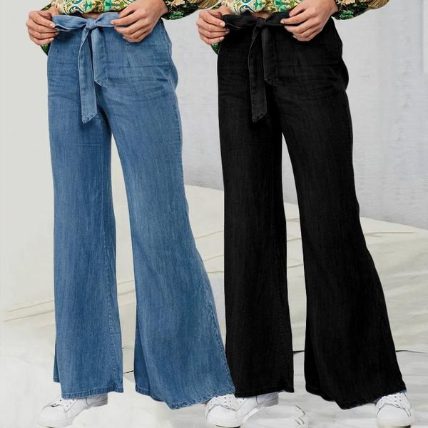 

women's pants & capris celmia elegant wide leg jeans women casual loose denim trousers bow elastic high waist long palazzo plus size pa, Black;white