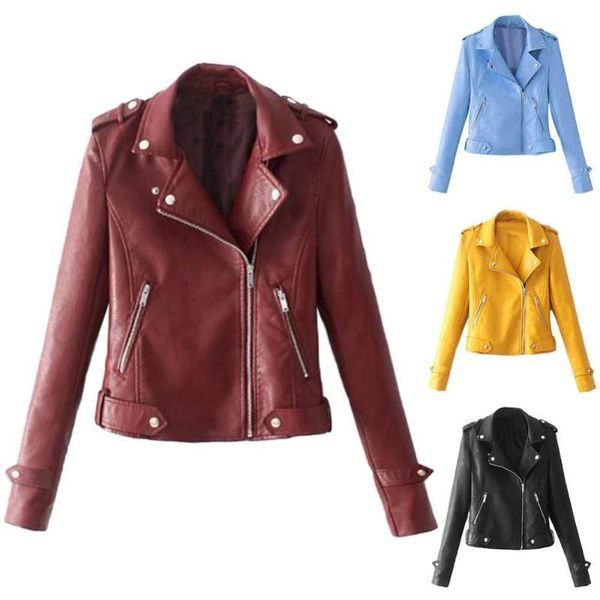 

women's jackets solid color women faux leather lapel motorcycle jacket long sleeve zip up coat wholesale drop harajuku style chic, Black;brown