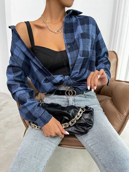 

drop shoulder tartan longline blouse m1f8#, White