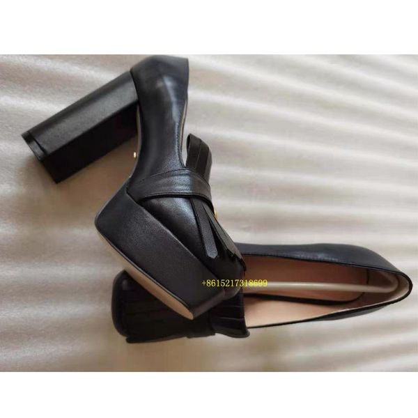 

dress shoes womens platform pump fashion office party ladies square toe tassel pumps block high heels thick sole genuine leather, Black