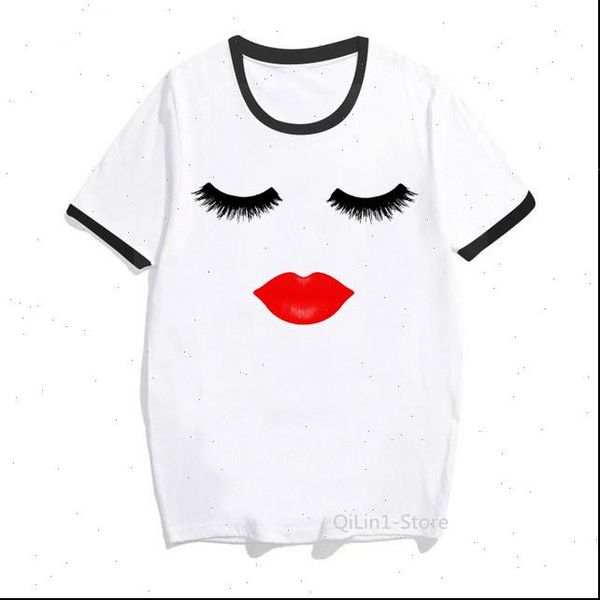 

vogue eyelash red lip print funnny t shirts women summer tshirt cute make up tee shirt femme 90s streetwear, White