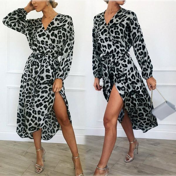 

casual dresses stress wear slim dress women v neck long sleeve leopard slit loose party longsleeve maxi, Black;gray