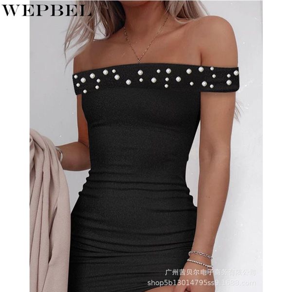 

casual dresses wepbel women's elegant pearl skinny bodycon dress ladies fashion off shoulder slim fit pencil, Black;gray