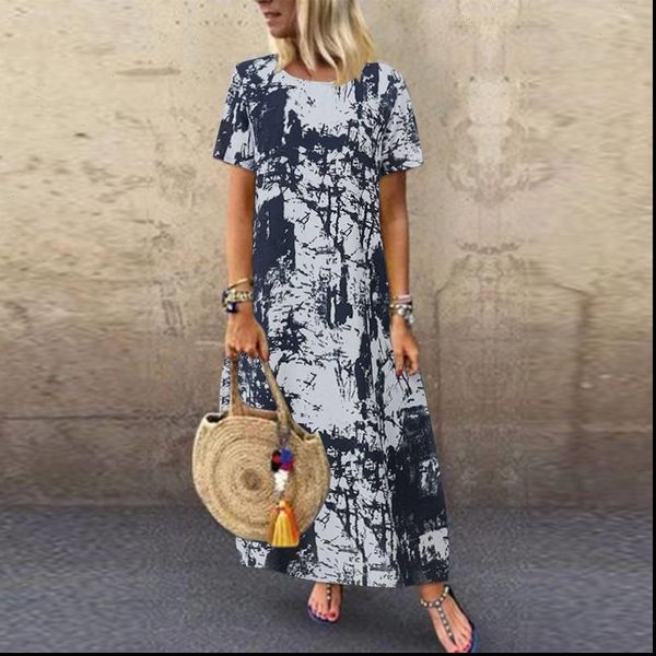 

zanzea 2021 printed maxi dress womens summer sundress casual short sleeve vestidos kaftan female graffiti tunic robe plus size, Black;gray