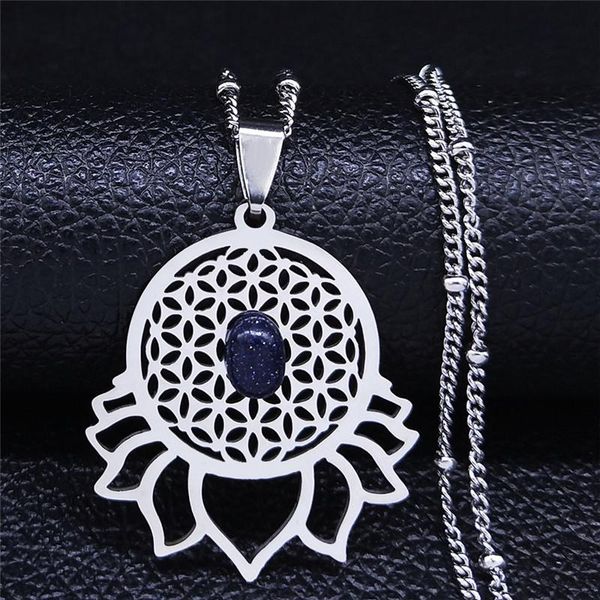 

pendant necklaces lotus yoga flower of life stainless steel natural stone charm silver color necklace jewelry collares de mujer nxs04