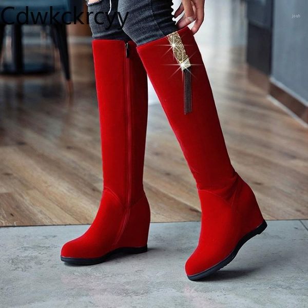 

boots winter the fashion round head side zipper increase within knee women red sequin tassel keep warm high heel1, Black