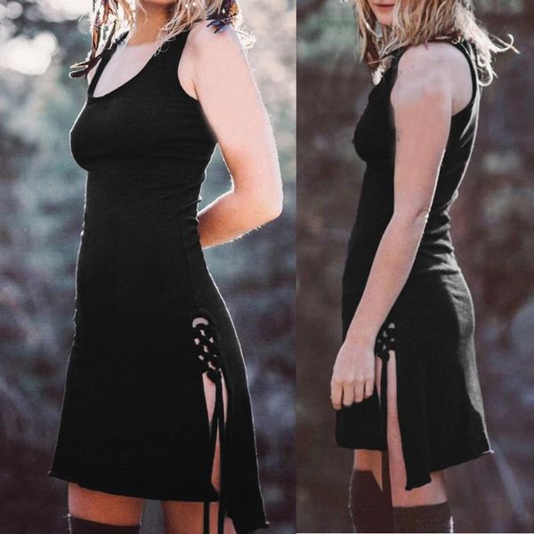 

casual dresses women spaghetti strap dress autumn split solid slim lady vintage wear irregular party mini vestidos, Black;gray