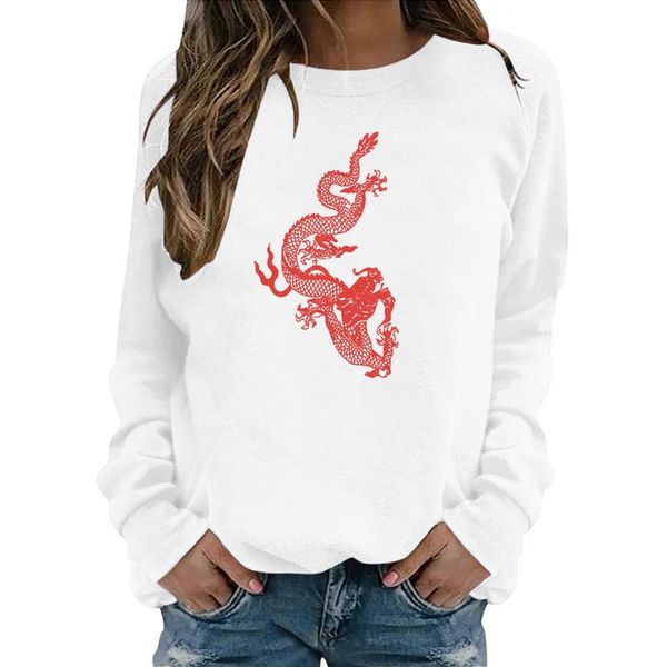 

women's hoodies & sweatshirts red dragon print sweatshirt long sleeve oversized solid round neck printed pullover y2k clothes femme ro, Black
