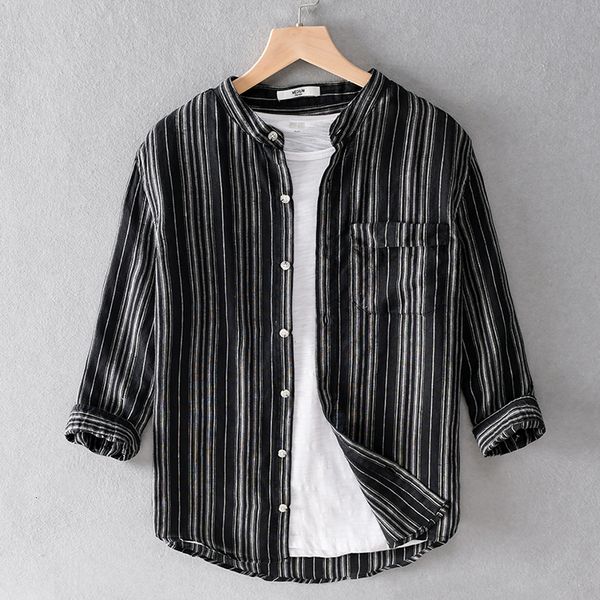 

2021 new three-quarter sleeve stand collar black stripe shirts brand fashion linen for men casual comfortable shirt mens camisa bct0, White;black