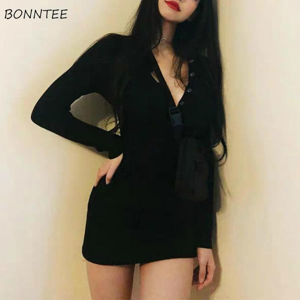 

casual dresses long sleeve women vintage summer black woman bodycon dress button european mini lady oversized clothing party night, Black;gray
