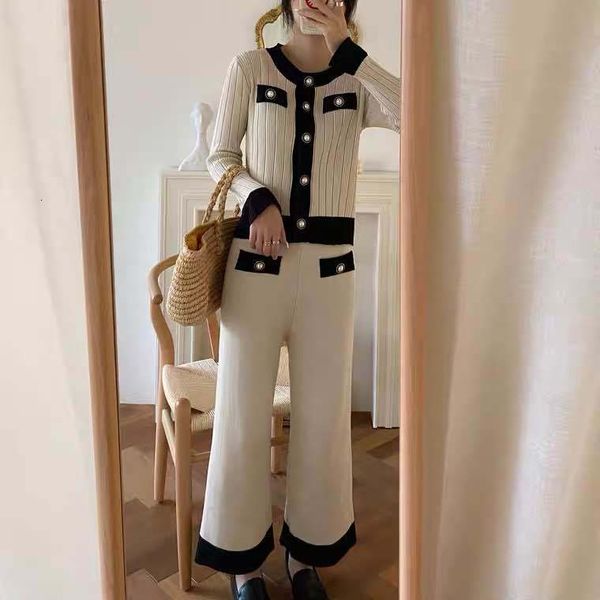 

female fashion 2021 autumn new temperament long legged pants knitted suit two parts 9ft8, Gray