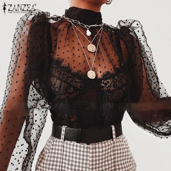 

women's blouses & shirts zanzea women mesh sheer blouse summer see-through long puff sleeve polka dot shirt casual club party blus, White