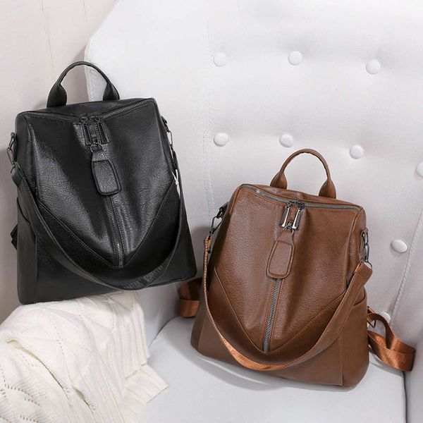 

hbp fashion double women's anti theft backpack soft leather one shoulder korean dual purpose student travel bag
