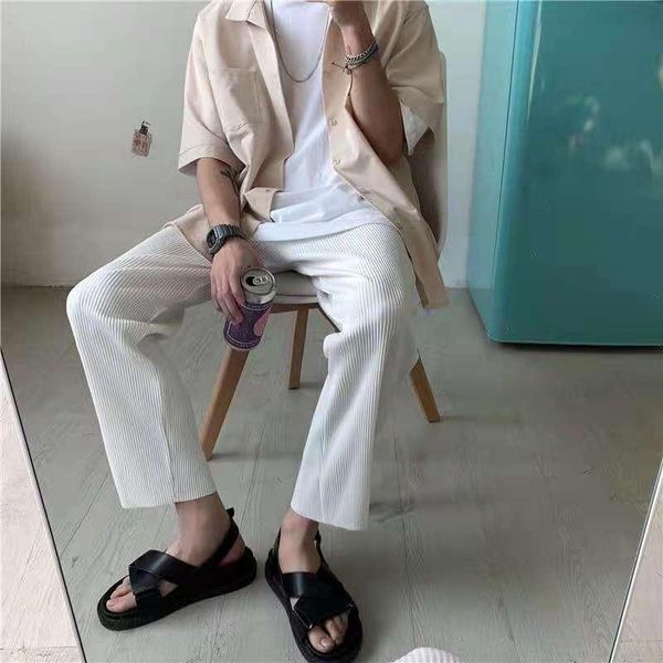 

men's pants pleated straight-leg fashion stretch waist casual street loose ice silk trousers wide-leg s-3xl, Black